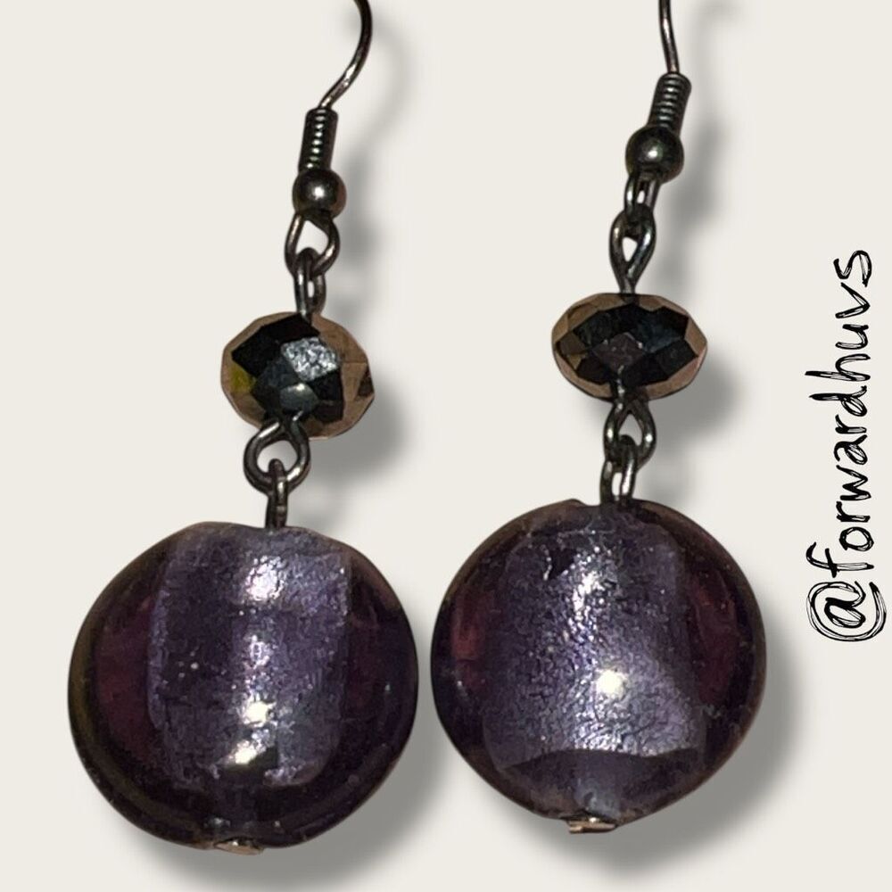 Handmade Purple Foiled Lampwork Glass Bead Earrings